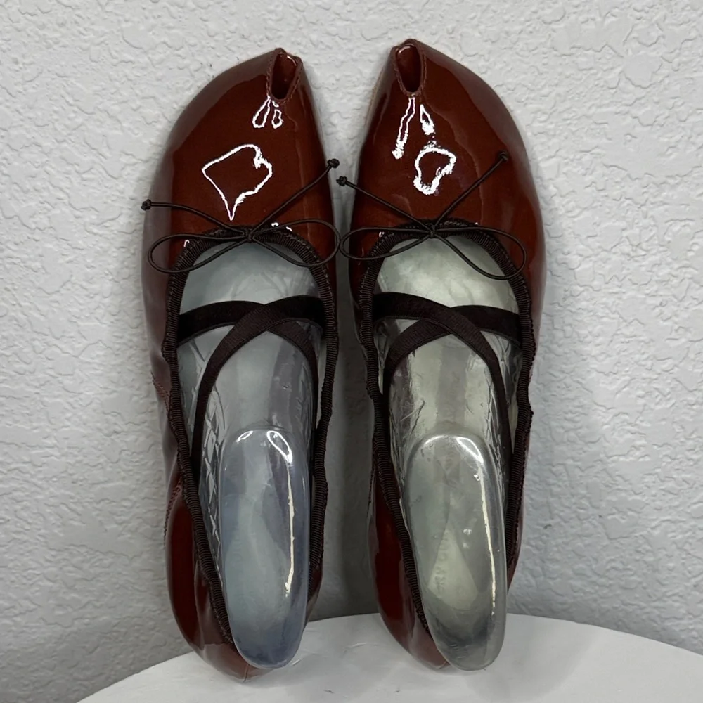 TORY BURCH SUBLIME PEEP TOE MARY JANE BALLET FLATS RUSSET BROWN SIZE 9.5 W/BOX
